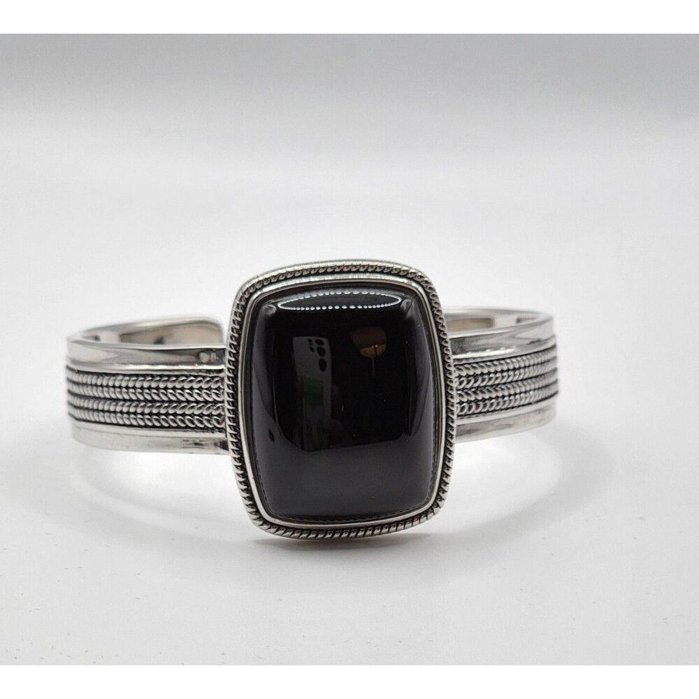 Sterling Silver, Rope-Edge, Bezel Set Black Chalcedony, Wide Cuff Bracelet 7" - Picture 3 of 11